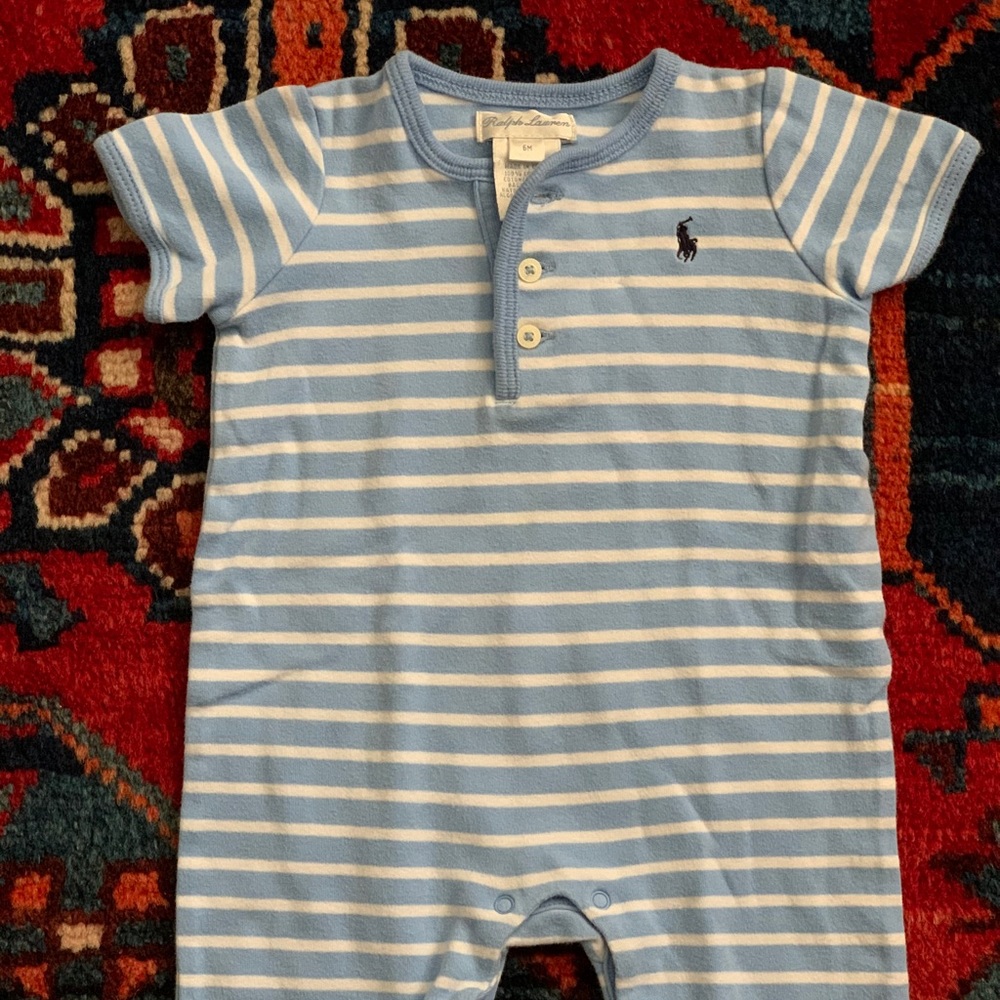 Ralph Lauren Blue Striped Romper. Size 6 mo